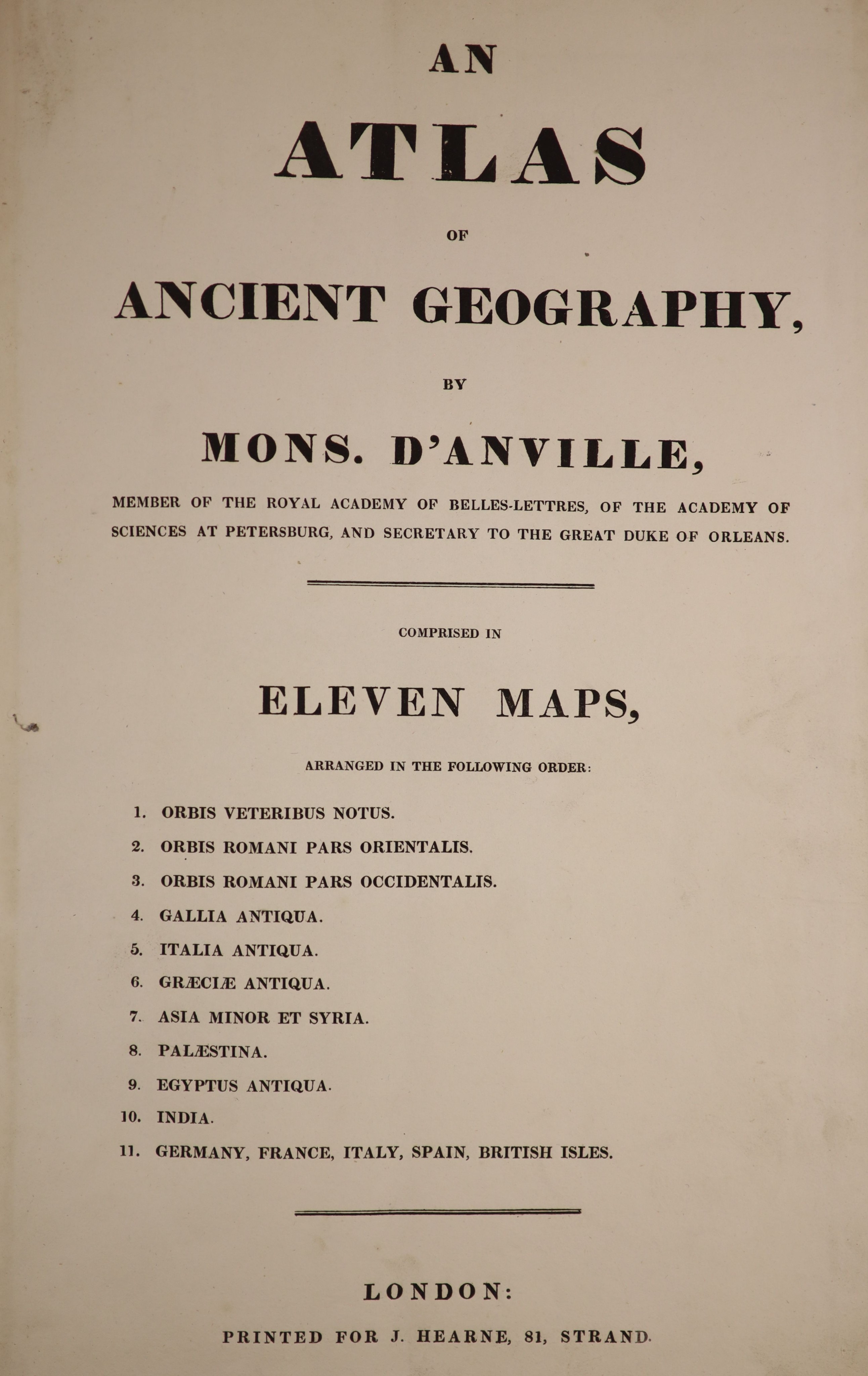 d’Anville, Jean Baptiste Bourguignon - An Atlas of Ancient Geography, folio, half red morocco, marbled boards, scuffed and torn, with 11 coloured engraved maps, J. Hearn, London, nd